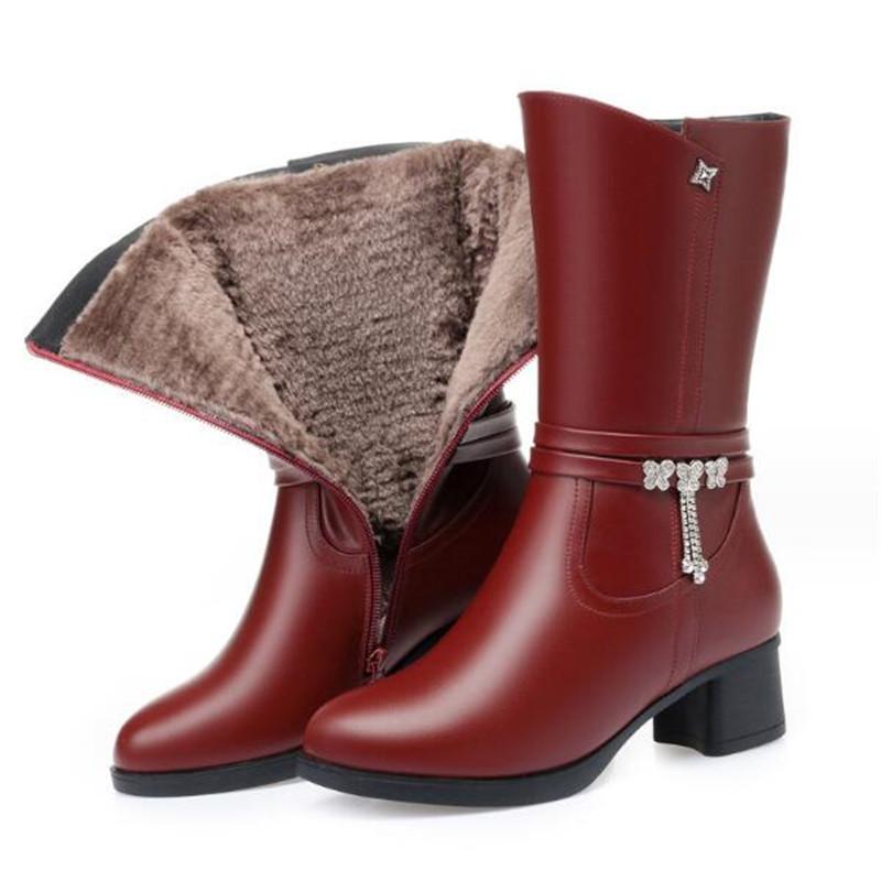 Women Leather Boots Genuine Leather Plush Boots Winter Warm Thick Heel Brand High-heeled Fashion Mid-Calf Snow Boots Women Shoe