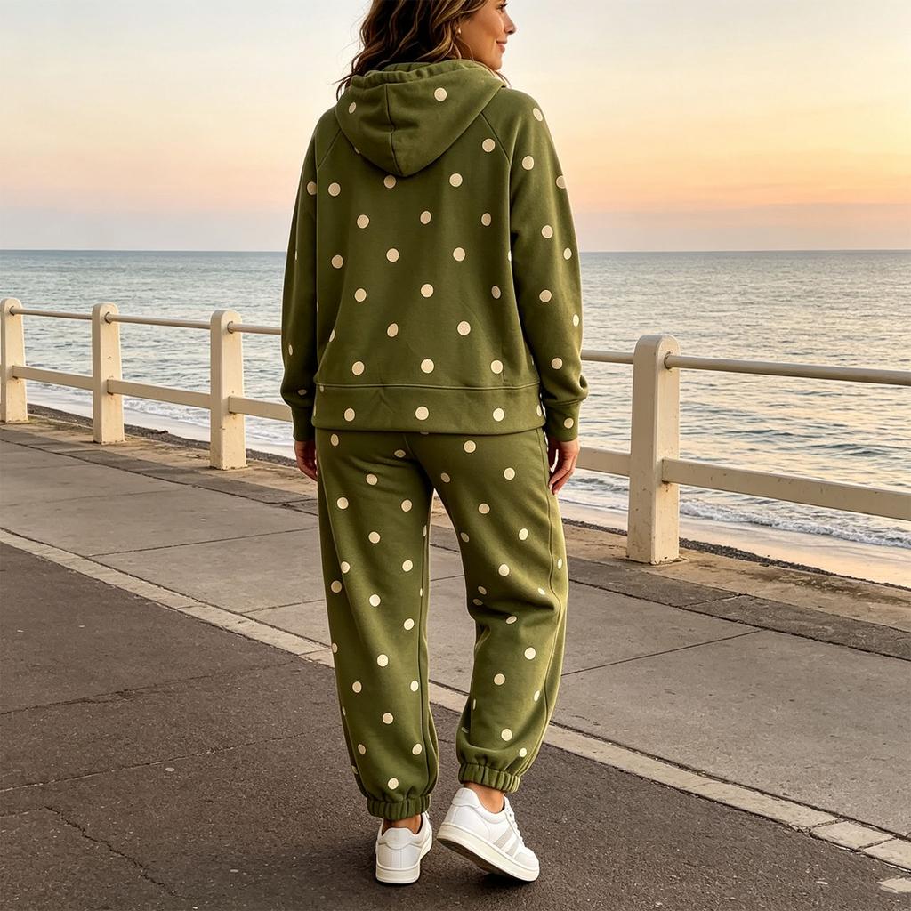 Women's Polka Dot Two Piece Set Hooded Sweatshirt and Jogger Pants Casual Wear