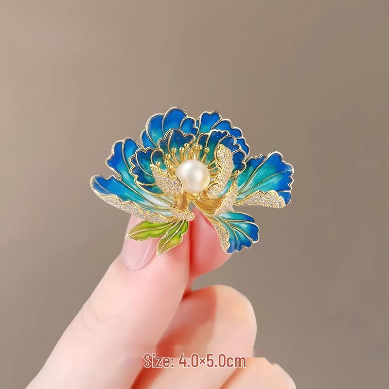 Korean Style Pearl Enamel Peony Brooch - Women's High-End DIY Corsage Pin