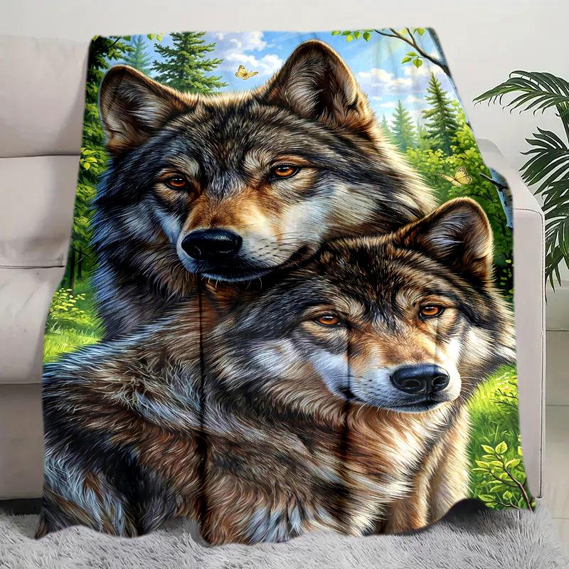 1PC Black White Wolf Contrast Plush Blanket Suitable All Seasons Soft Comfortable Sofa Office Outdoor Travel Home Use