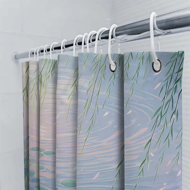 Graceful Lotus Pond Scene Shower Curtain Water Lily Leaves And Pink Flowers Design For Stylish Home Upgrade Waterproof Durable