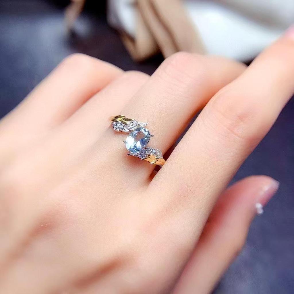 Natural Aquamarine Ring with S925 Silver, Three-Dimensional Wing Design, Minimalist Two-Tone.