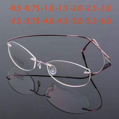 Polygonal Oval Women Rimless Eyeglasses Super Lightweighted Flexible Titanium Alloy Legs Optical Glasses 0 -0.5 -0.75 To -6.0
