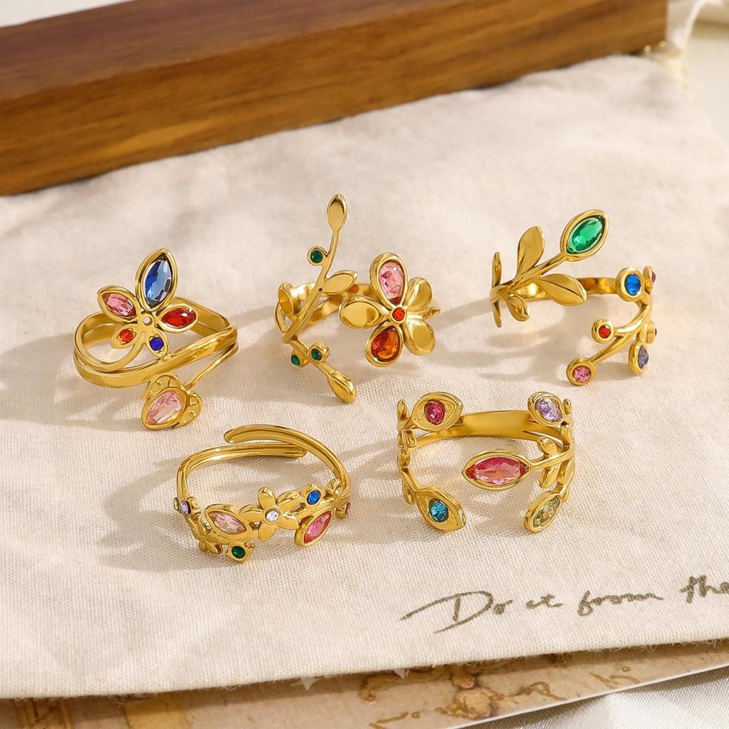 1 Stück Stylischer Ring 18K Vergoldet Mehrfarbig 304 Edelstahl & Zirkonia Offene Ringe Blumenblätter Für Damen Geschenk