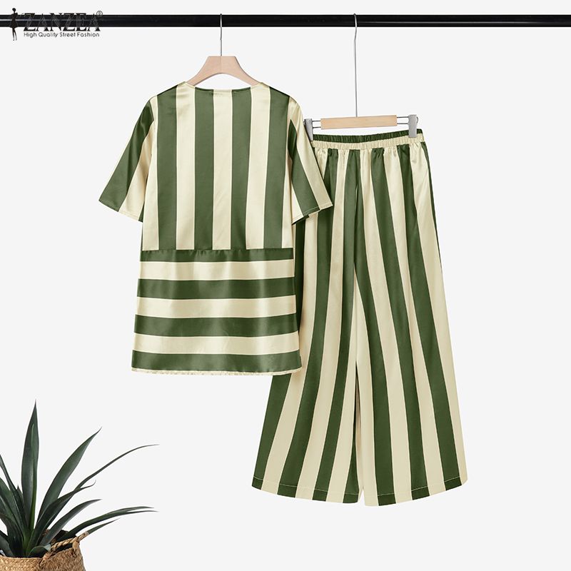 ZANZEA Women Short Sleeve Blouse and Pants Stripe Print Two Piece Suit Sets