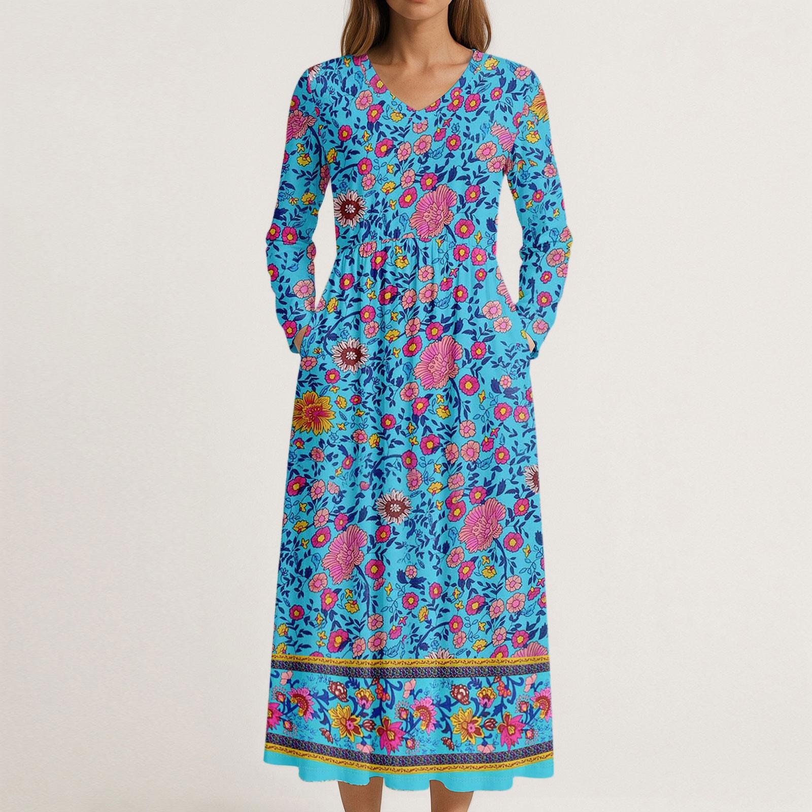 

Dress For Women Long Boho Beach Dress Elegant Maxi Dress V-Neck Long Sleeve Dress With Pockets S синій