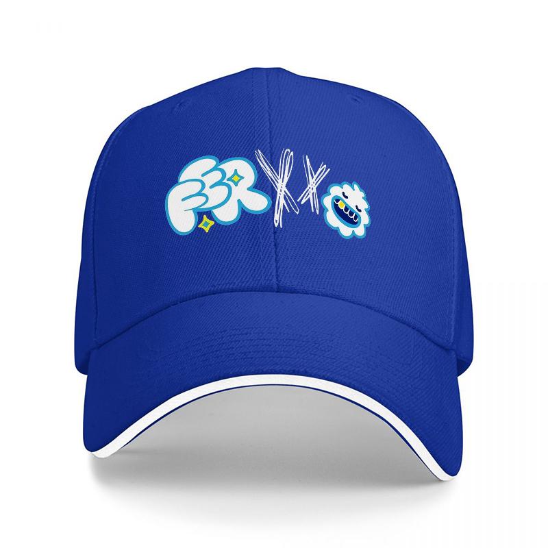 FR X K Logo Baseball Cap Black with Blue and White Graphic Design Stylish Urban Streetwear Accessory for Unisex and Women
