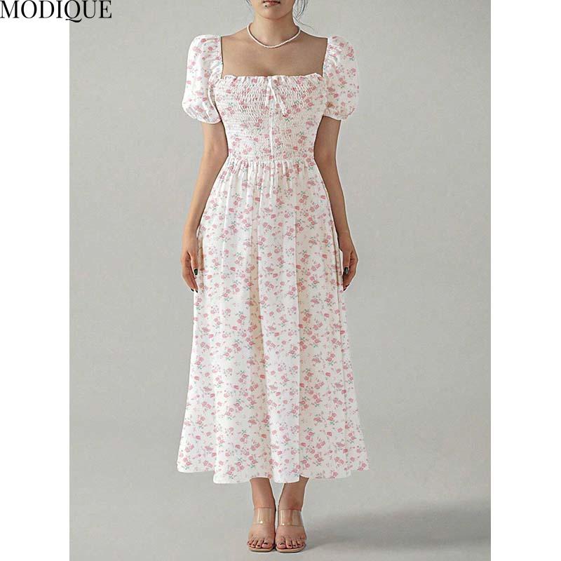 

MODIQUE 2025 Лето Плюс Размер Новое Женское Сексуальное Повседневное Цветочное Печать Эластичный Пояс Длинное Платье Дамы А-силуэта Горячее Платье с Рукавом Реглан XXL