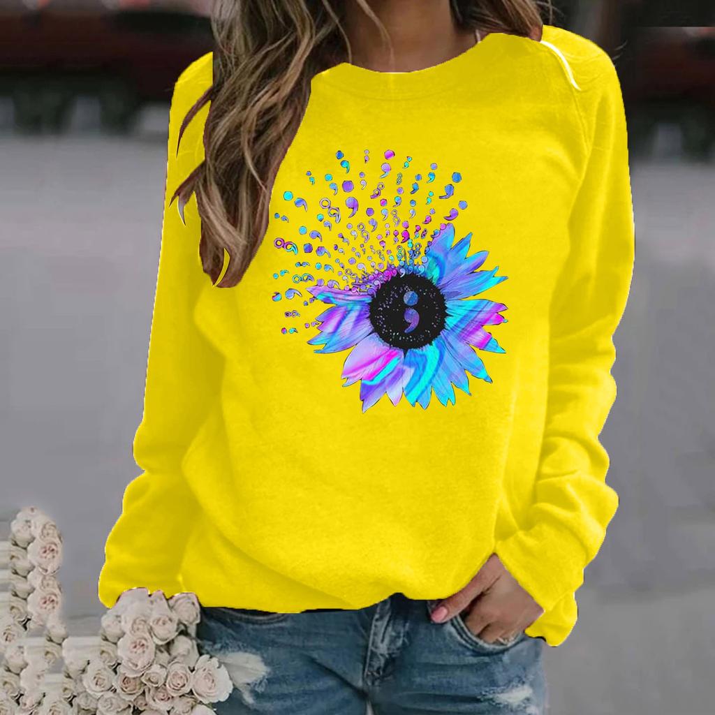Women's Fashion Casual Print Round Neck Sweater Loose Sports Tops Pullover