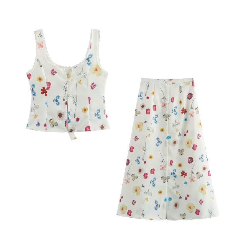2026 Spring European & American Style Women's Printed Lace Top & Skirt Set