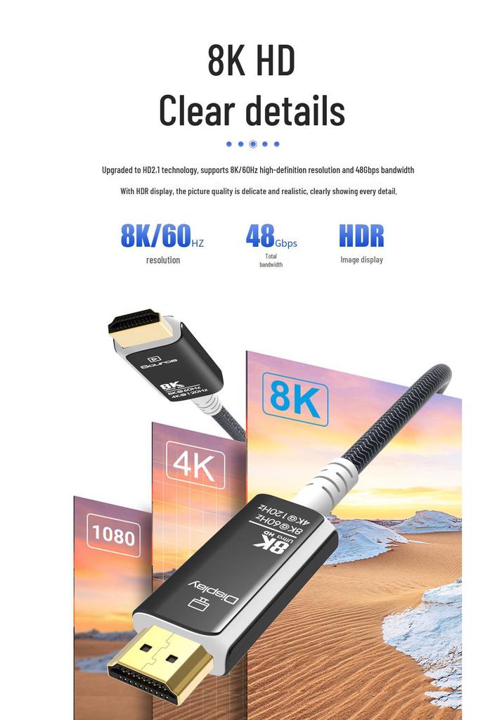 8K HDMI Braided Fiber Optic Cable 2.1 - Supports 8K/60Hz & 4K/120Hz for TV, Monitor, and Computer HD Connection