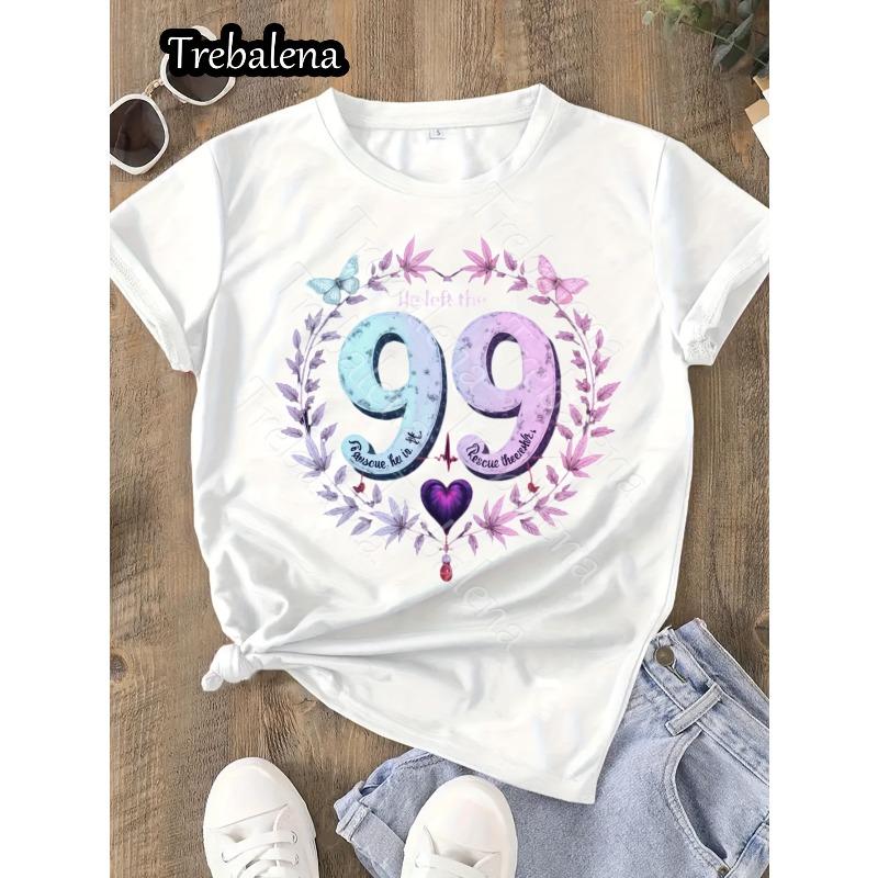 Womens Casual Loose Fit Crew Neck Cross Design He Left The 99 To Rescue Me Scripture Machine Washable Spring Summer Top