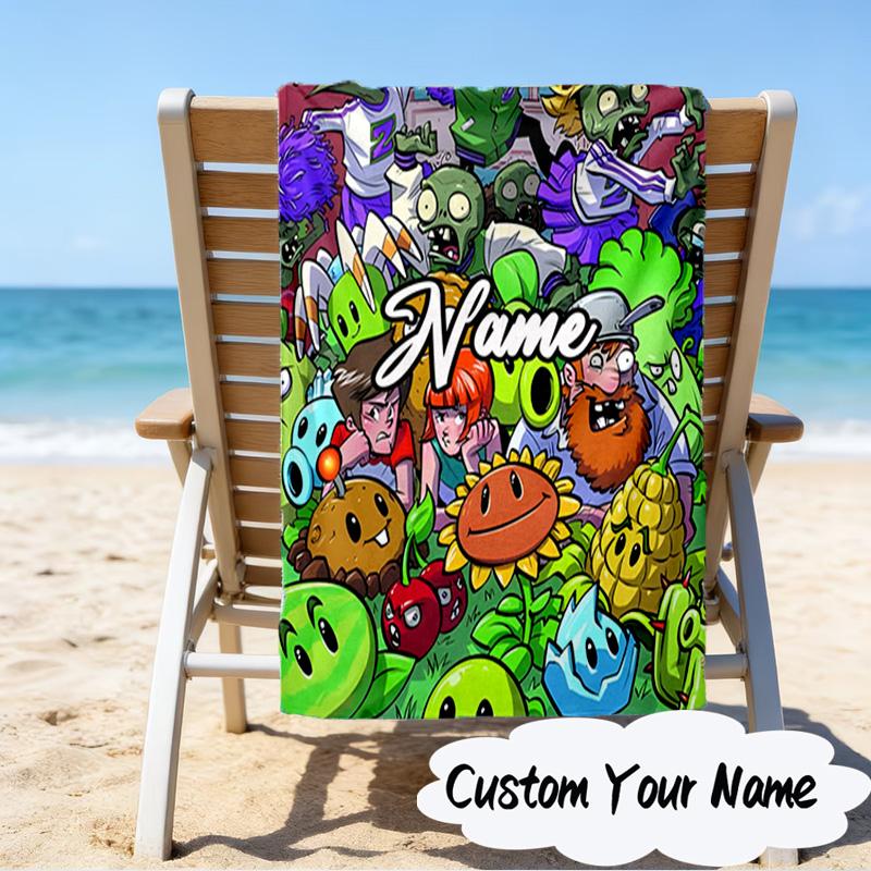 Custom Name Zombies Team-Up Microfiber Beach Towel Super Soft & Absorbent for Bath, Beach, Travel Bath Time Accessory, Fan Gifts