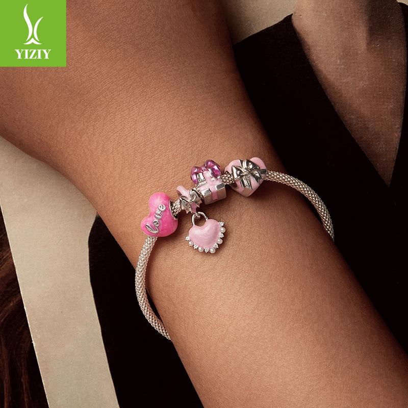 Heart Series Beaded Combination Diy Bracelet Accessories 925 Silver Light Luxury Jewelry Pink Valentine'S Day Gift