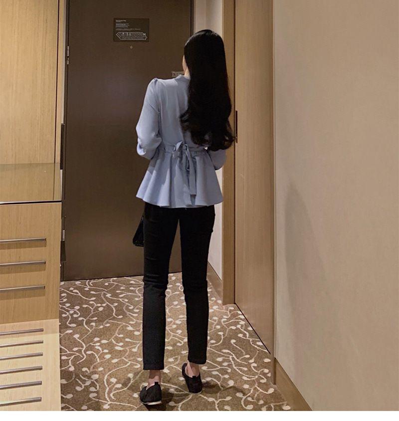 Elegant V-neck Chiffon Blouse - Women's Spring/Autumn, Waist-Slimming Tie-up, Long-Sleeve, Sweet Fairy Style