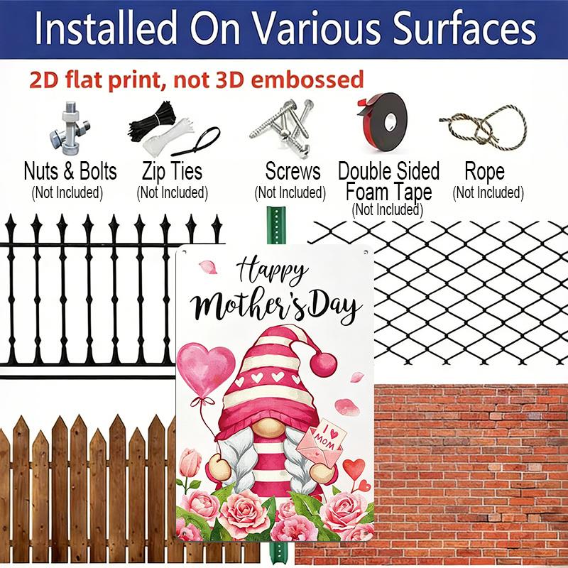 2D Flat, 1pc Gnome Mother's Day Metal Wall Art Sign "Happy Mother's Day" - 8*12 Inch Aluminium Rustic Home Decor, Porch Wall Art, Sweet Gift for Mom