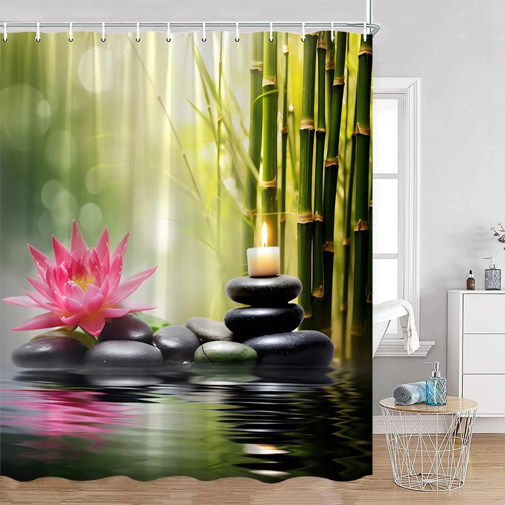 Zen Shower Curtains Black Stone Green Bamboo Lotus Spa Candle Purple Orchid Natural Leaf Bathroom Curtain Meditation Bath Decor