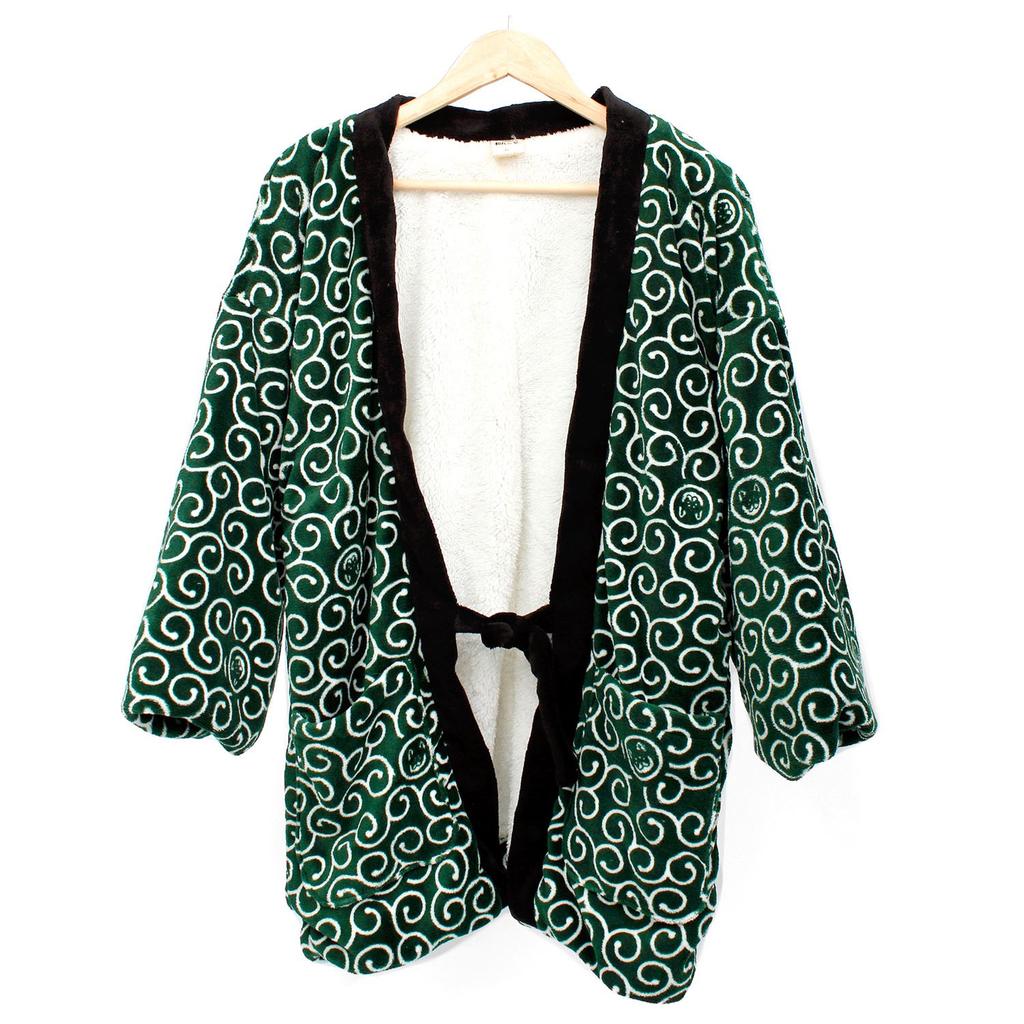 Wankodo Men's Warm Hanten Jacket, Large Size, Boa Fabric, Arabesque Print, Shiba Inu, Kyoto-Originated Mascot, Wankodo Chanchanko, 5L, Green