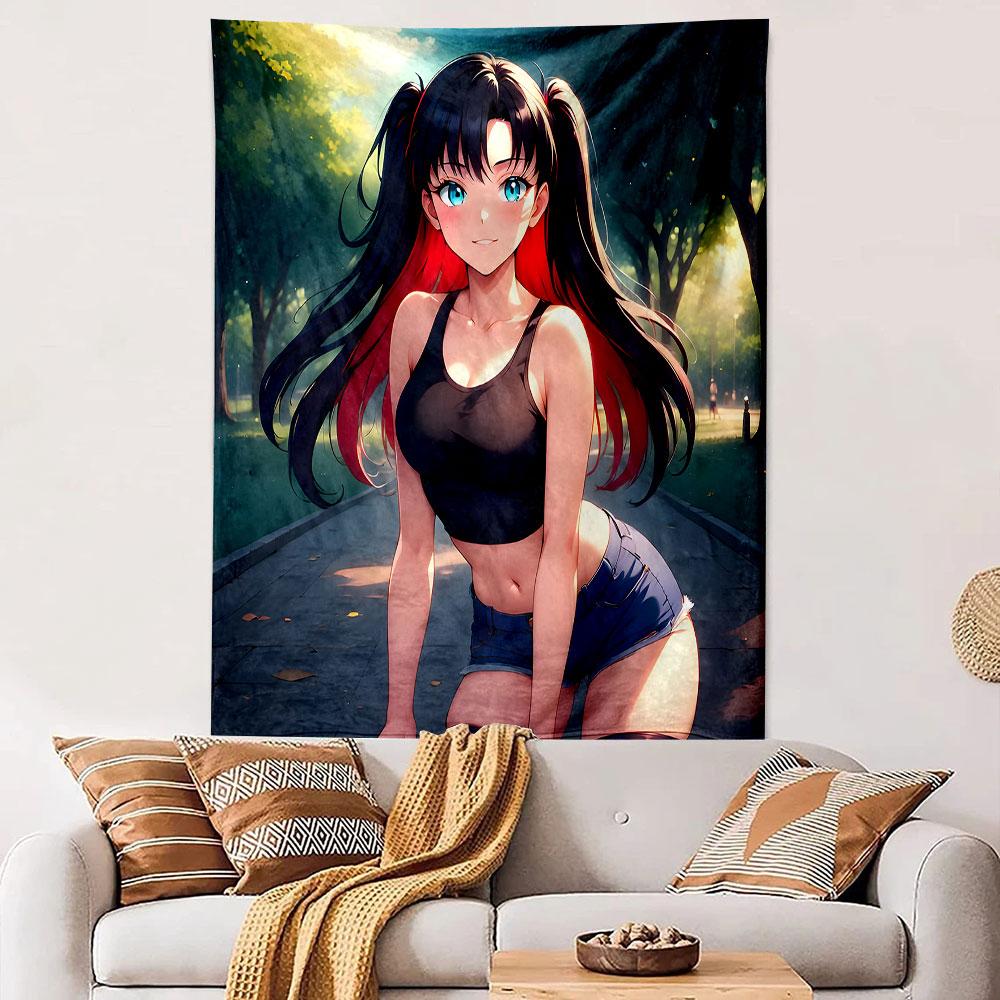 "Anime Girl with Black and Red Hair" Patterned Tapestry Decorative Wall Hanging, Home Bedroom Living Room Decor