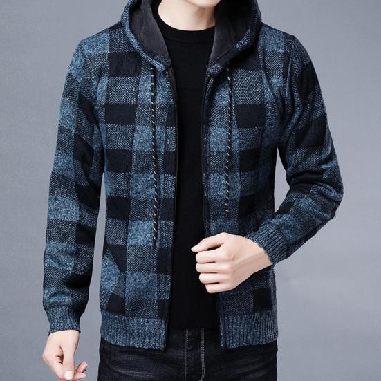 Men Jacket Plaid Pattern Breathable Polyester Sweater Hoodie for Winter