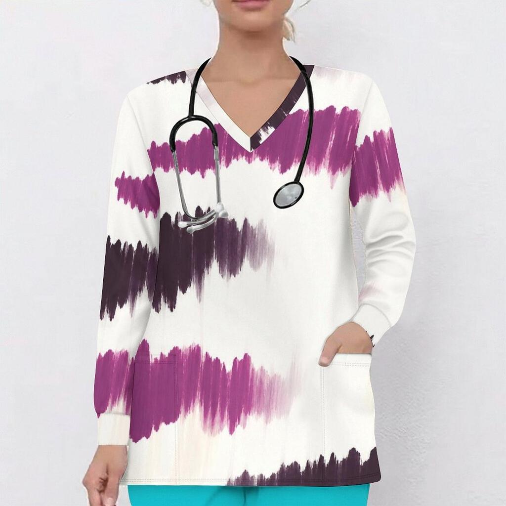 Women Plus Size Blue Marble Printed Nurse Scrub Top V Neck Long Sleeve With Pockets