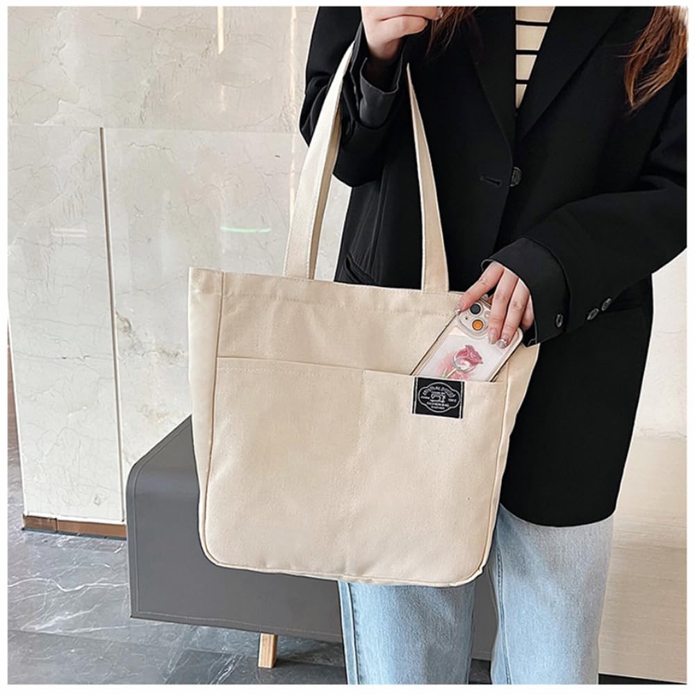Deoway Canvas Tote A4 Large Shoulder Canvas Shoulder Tote Bag for Men and Solid with Zipper Bag, Size, Capacity, Tote, Bag, Women, Color, (Beige)