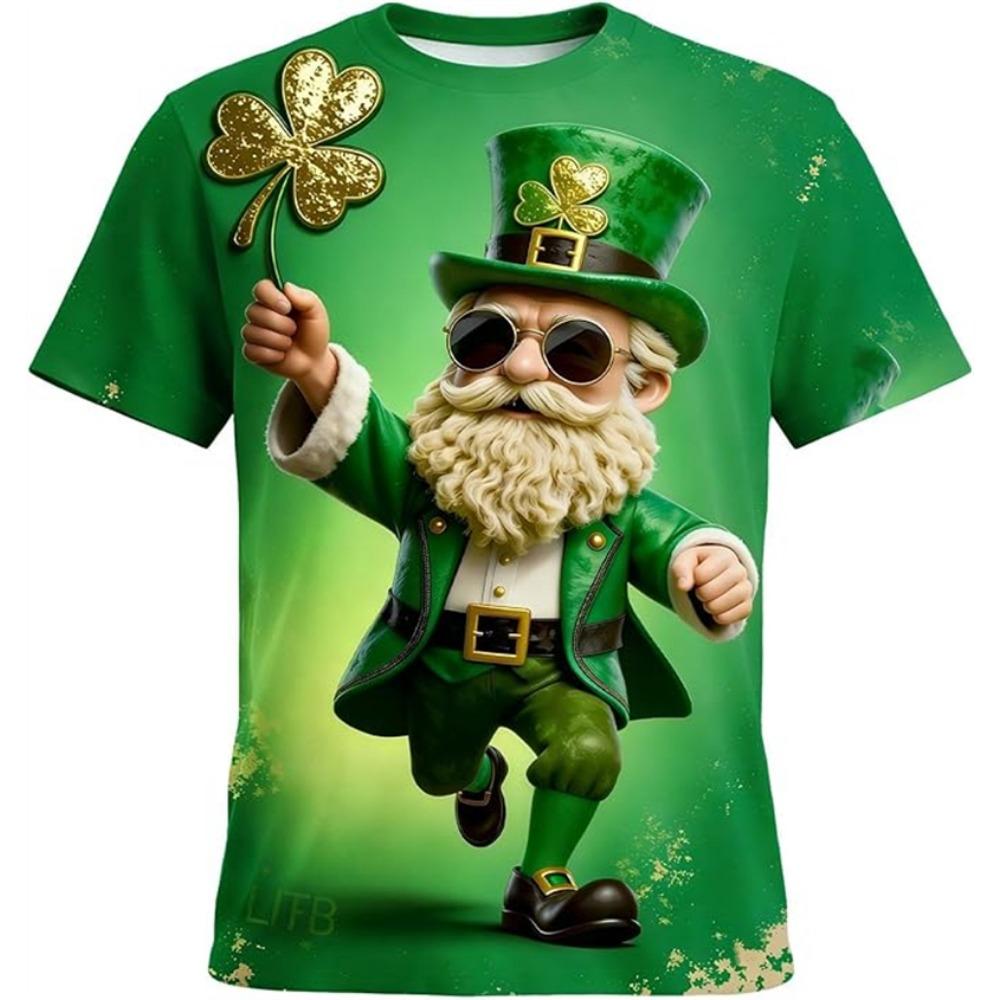 Men's Fashion Short-Sleeve Crew Neck Top 3D Printed Lucky Four-Leaf Clover Green T-Shirt