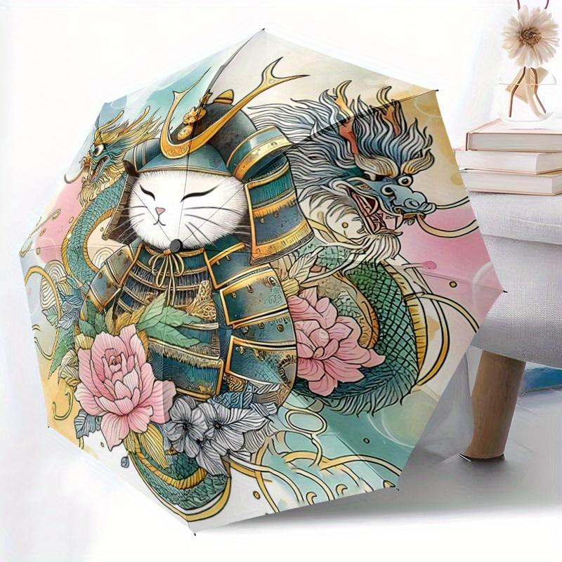1pc Samurai Cat in Armor Pattern Umbrella, Fashionable, Personalized, High-Value Folding Umbrella, a Must-Have for Summer, 8-Rib Durable Iron Frame, T