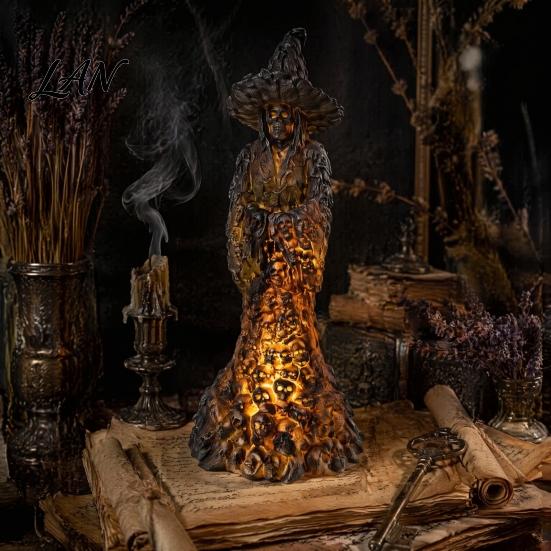 Realistic Bone Texture Sculpture Skeleton Witch Resin Figurine, Halloween Gothic Skull Statue, Spooky Illuminated Statue Fantasy Ornament for
