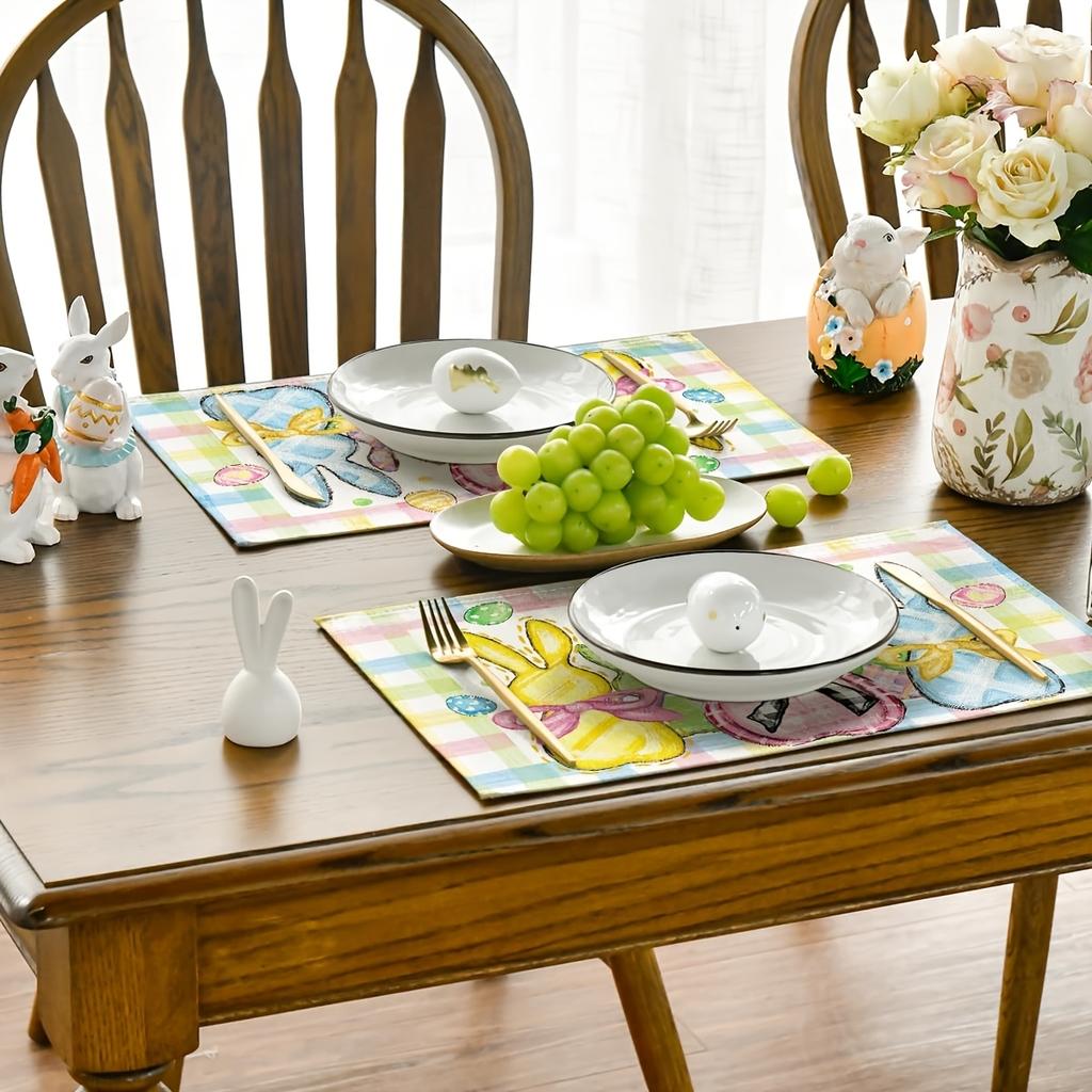 4pcs Buffalo Check Easter Placemats, Featuring Rabbits, Daisies, and Carrots, Perfect for Party, Kitchen, and Dining Room Decor