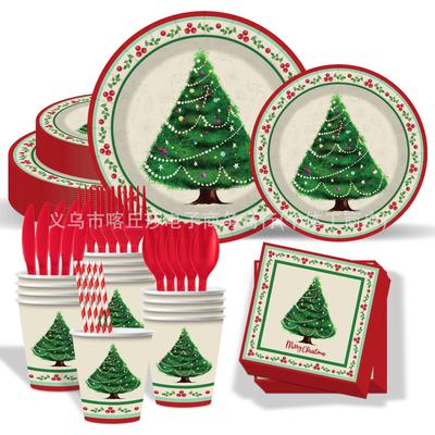 Christmas Party Paper Plate Disposable Paper Cup Tissue Tablecloth Tableware Set Party Venue Decoration Props
