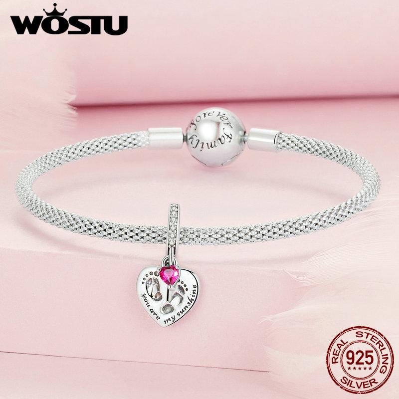 WOSTU 925 Silver Heart Shape Charms Growth Hanging Bead Red CZ Love Affinity Pendant For Original Jewelry Thanksgiving