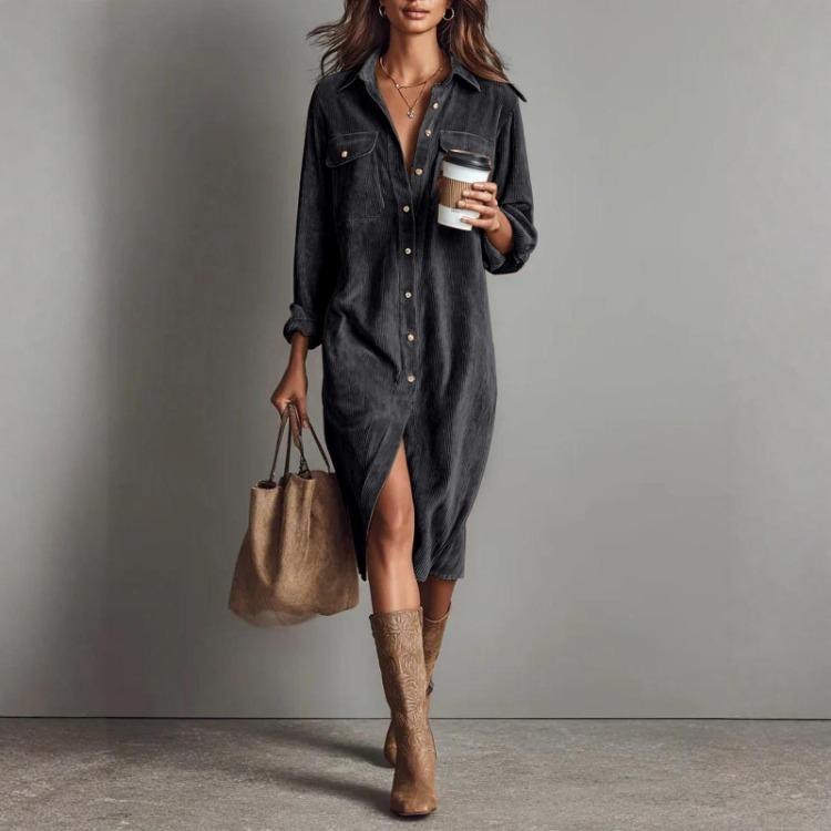 Loose Long Skirt Corduroy Long Sleeve Lapel Shirt Dress Women Casual Solid Color Fashion