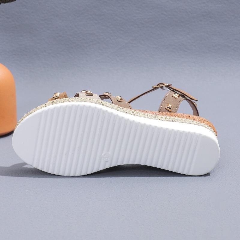 Roman Reviet Decor Wedge Sandals for Women T-Strap High Heel Sandal Ladies Plus Size Buckle Anti Slip Sandalias Mujer