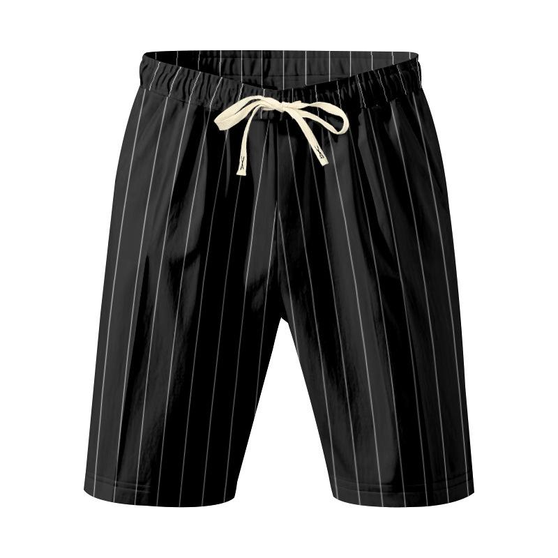 Men Summer Striped Solid Drawstring Elastic Waist Straight Casual Shorts S чёрный