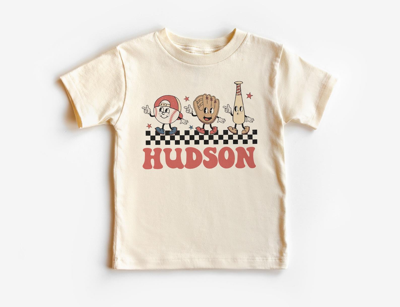 Personalized Baseball Unisex Shirt, Retro Baseball Bat, Catchers Mitt and Ball, Custom Kids Names Tee, Boy Unisex Youth Kids Clothing 140