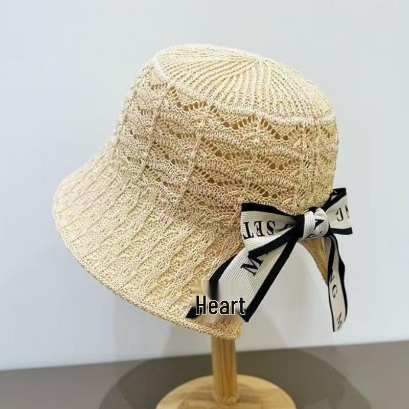 Korean Style Hollow Knit Women's Summer Bucket Hat - Sun Protection, Face Slimming, Hand-Knitted, Versatile.
