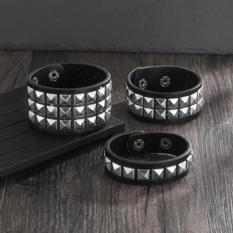 Punk Fashion Men Black Cuff Leather Bracelet Wristband Metal Rivets Stud Charm 80S Wrap Bangle For Women Rock Gothic Jewelry