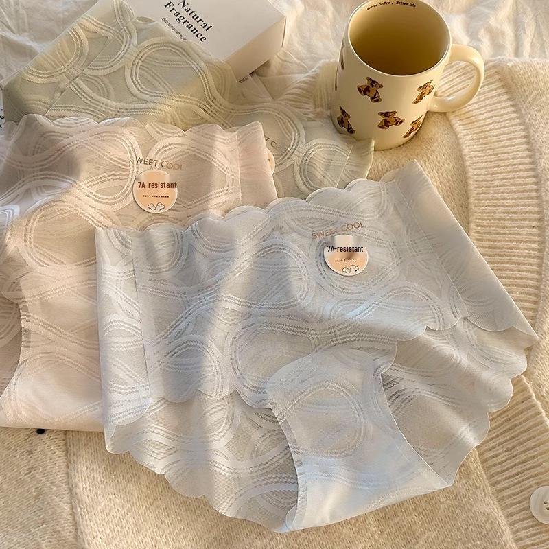 7A Lace Trim Ice Silk Mid-High Waist Scar-Concealing Panties: Breathable, Hip-Hugging, Skin-Friendly Luxury for Women