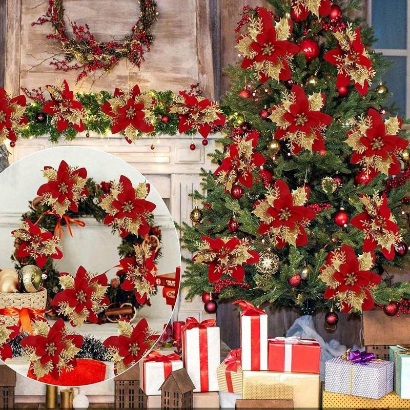 Poinsettia Artificial Christmas Glitter Flowers, Christmas Ornaments Xmas Tree Flower Decorations with Stems DIY Xmas Wreath Holiday Home Party Decor