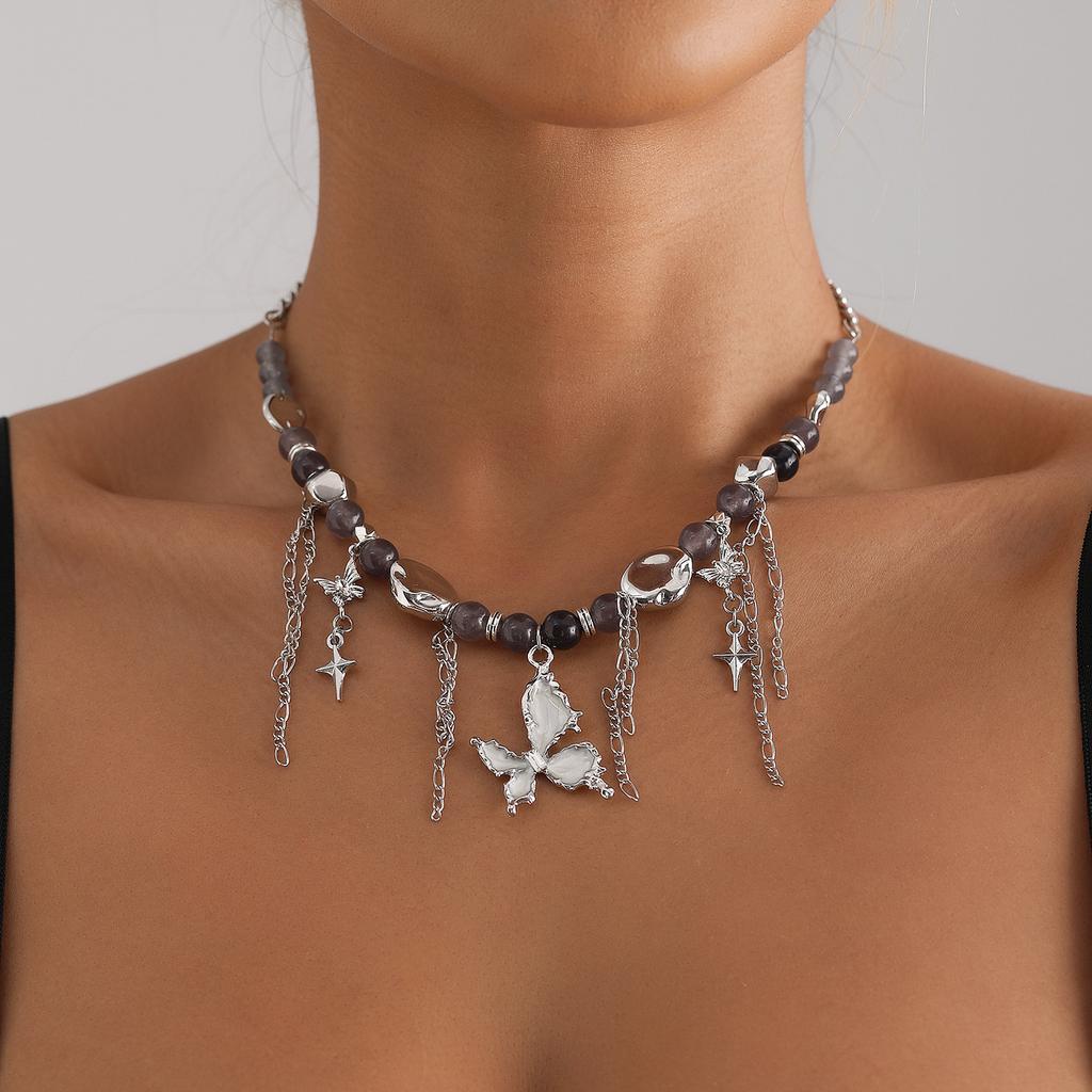 Accessories Oil Drop Butterfly Pendant Collarbone Chain Opal Splicing Beaded Quadruple Star Tassel Necklace Female