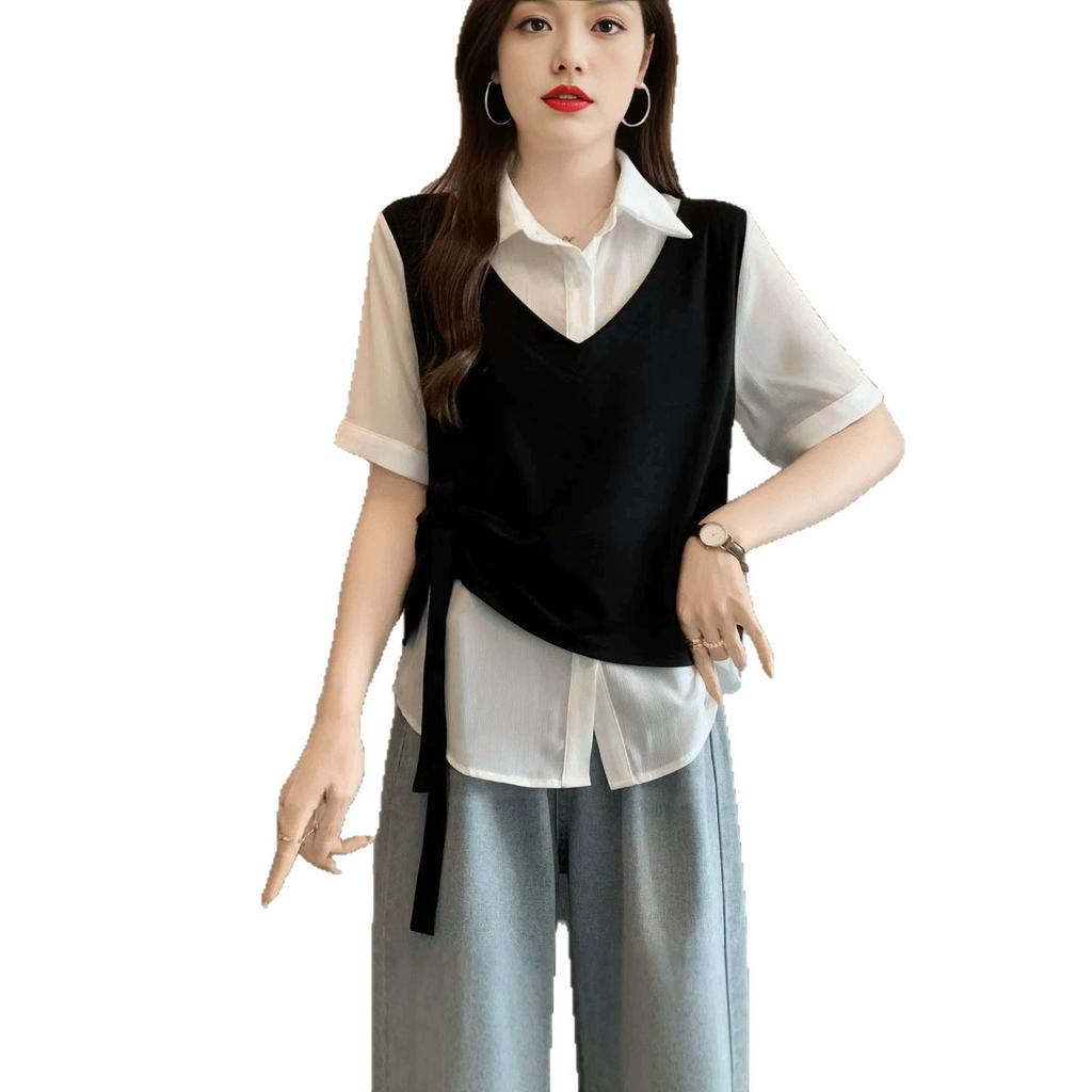 Summer new casual fake two-piece lapel splicing top versatile age-reducing thin short-sleeved contrasting shirt