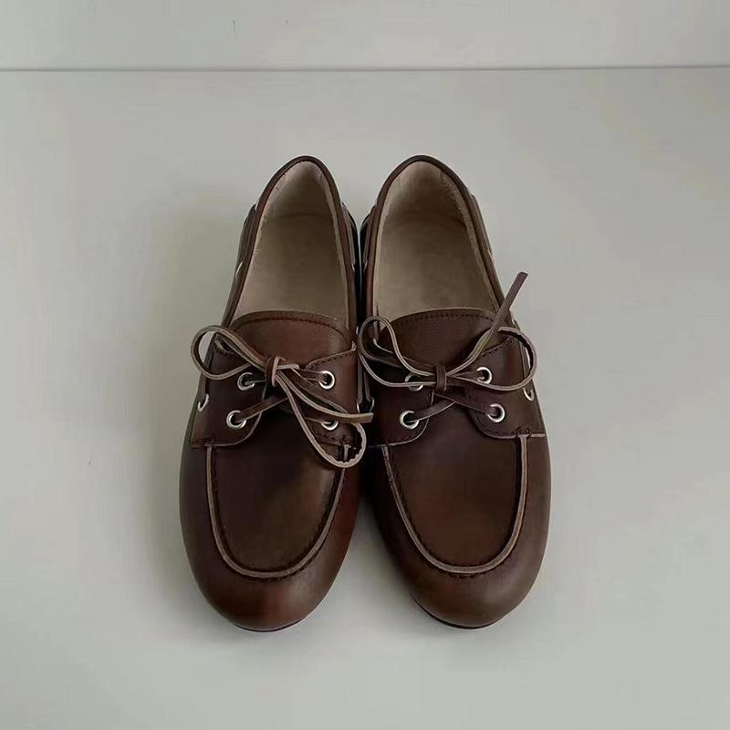 British Style Sheepskin Leather Lace-Up Women’s Loafers - Soft Sole Slip-On Flat Shoes for Autumn