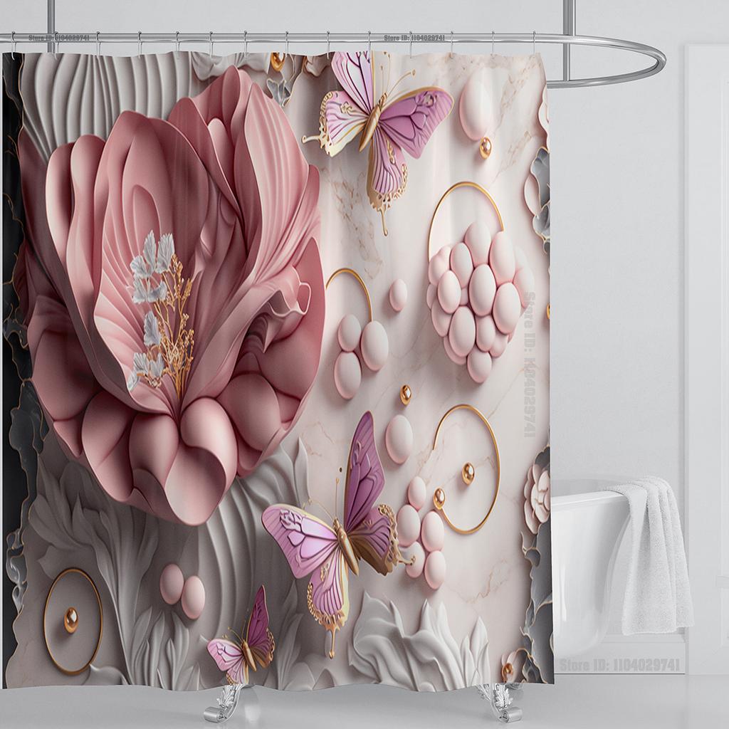 3D Stereo Beautiful Flower Printing Bathroom Curtain Waterproof Polyester Shower Curtain Home Decoration Curtain with Hooks