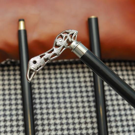 Bird Handle Walking Stick Silver Tone Carved Cane with Black Wooden Shaft Handmade Walking Cane Gift for Men, Collectors