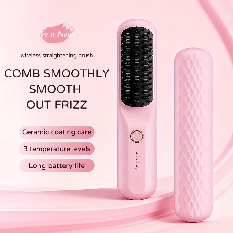 Cordless Hair Straightener Brush, USB Rechargeable 2 in 1 Hair Straightener and Curler, Portable Hair Straightening Brush with 3 Temperature Settings