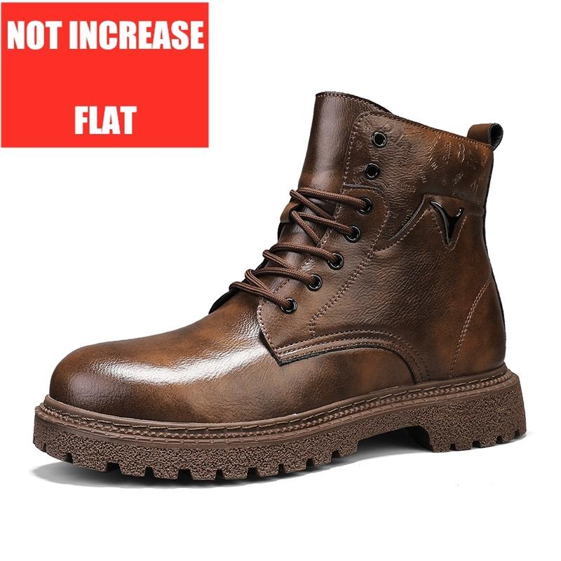 Botas Masculinas Aumentadoras de Altura Invisíveis de 6cm Couro Outdoor Outono Inverno Sapatos Quentes Antiderrapantes Confortáveis Botas de Cano Curto com Salto Interno