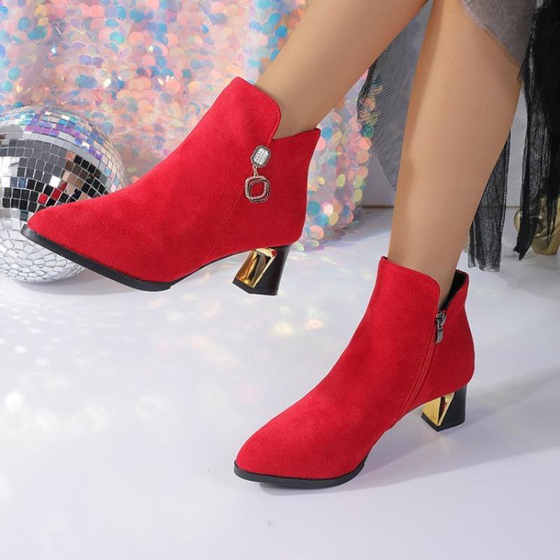 

Осень и зима новая модная обувь женские замшевые ботинки универсальные бархатные красные на высоком каблуке матовые модные ботинки обувь для мамы 43
