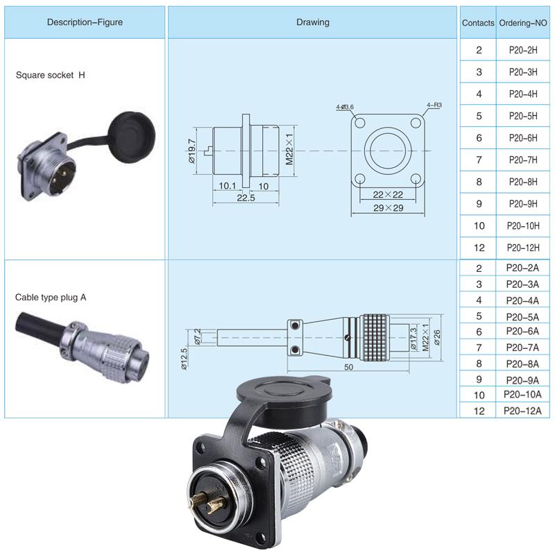 P20 Aviation Connector Plug Socket 20mm 2/3/4/5/6/7/8/9/10/12Pins WS20 Male Female Connectors