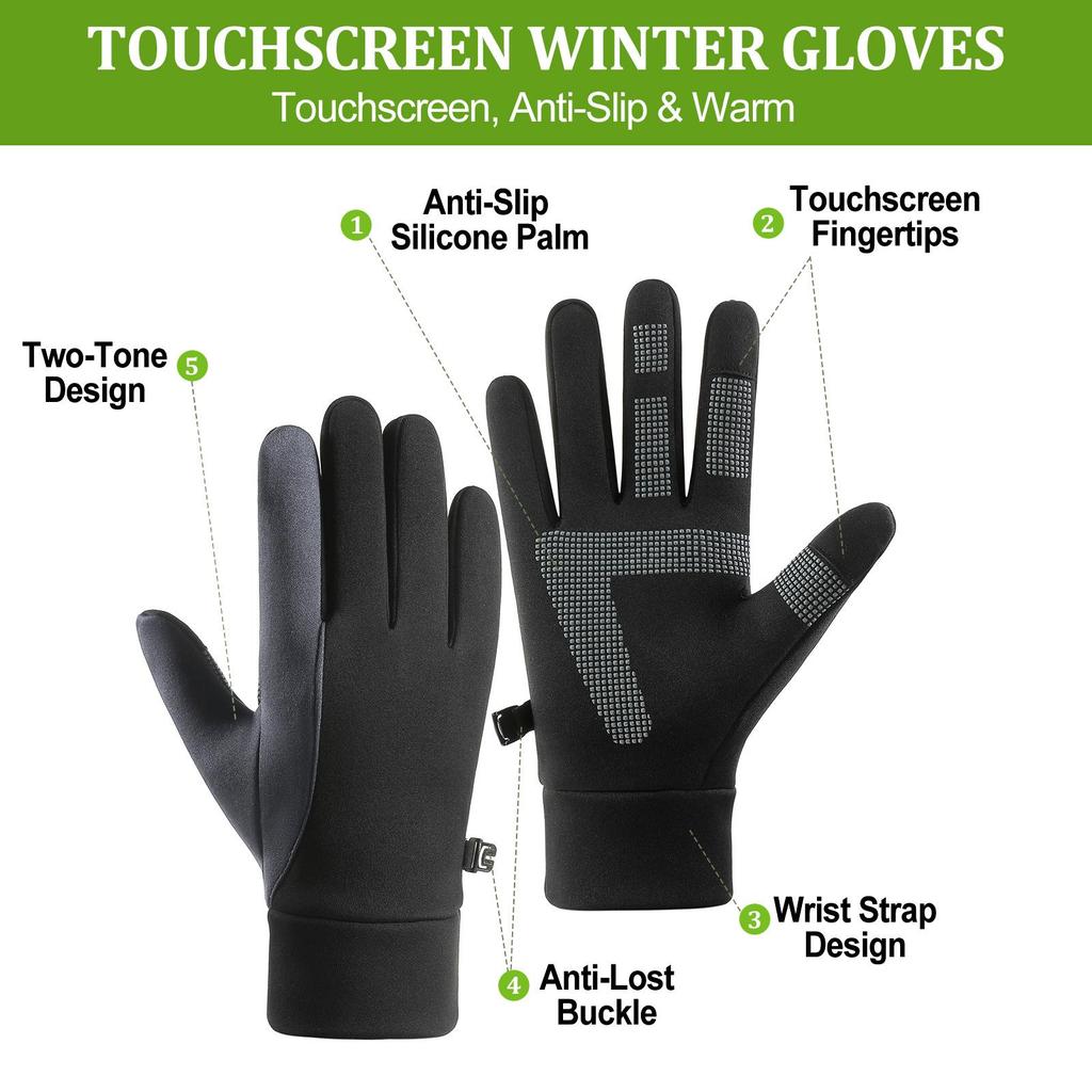 Thin Fleece Winter Warm Cycling Riding Gloves, Touch Screen, Anti-Slip Silicone Palm, Windproof Water Resistant Outdoor Gloves